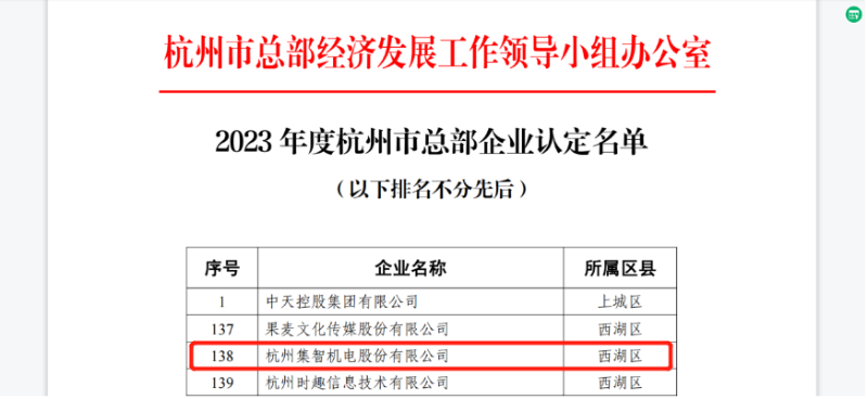 和记娱乐官网股份被认定为“2023年度杭州市总部企业”